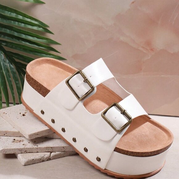 White Fashionable Women's Fashion Solid Color Wedge Heel Thick Bottom Sandals - Picture 2 of 5